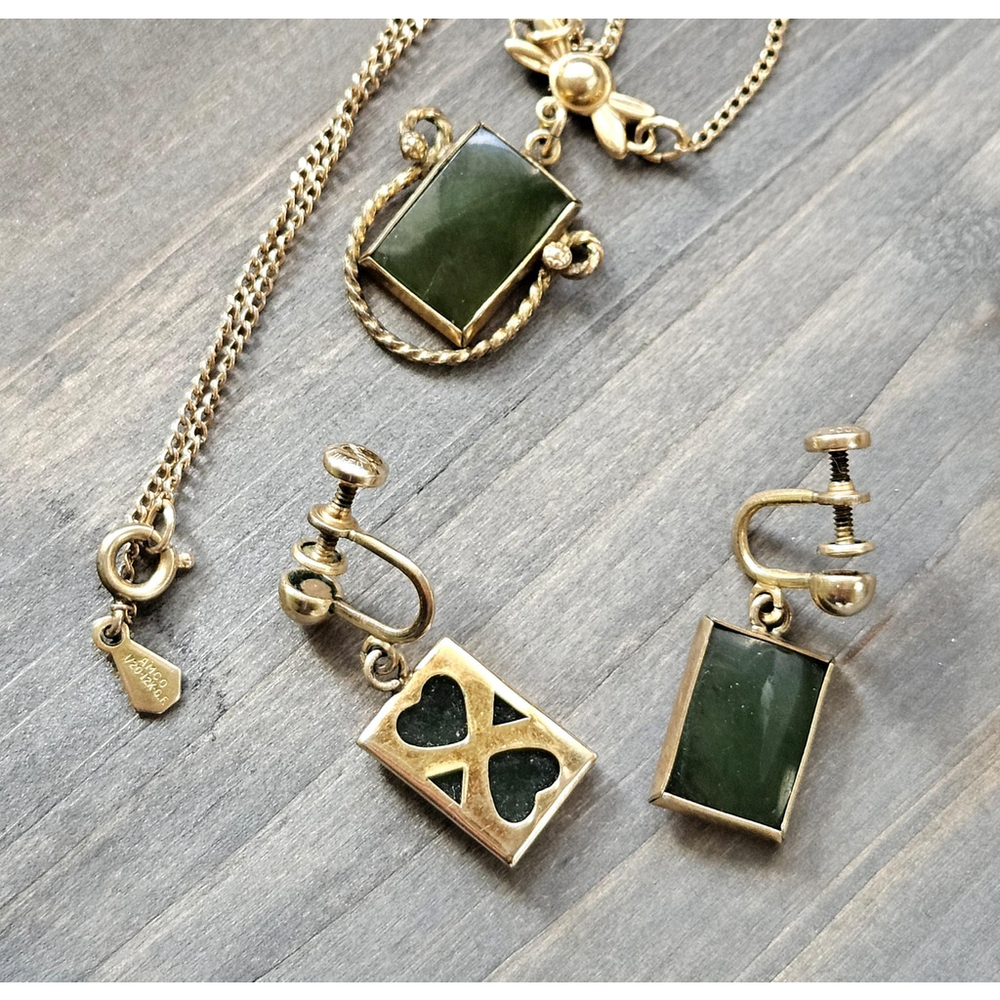 Vintage GF Nephrite Jade Necklace and Earrings Set